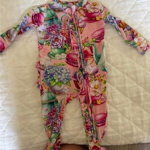 Posh Peanut footie ruffled zippered one piece: tea party